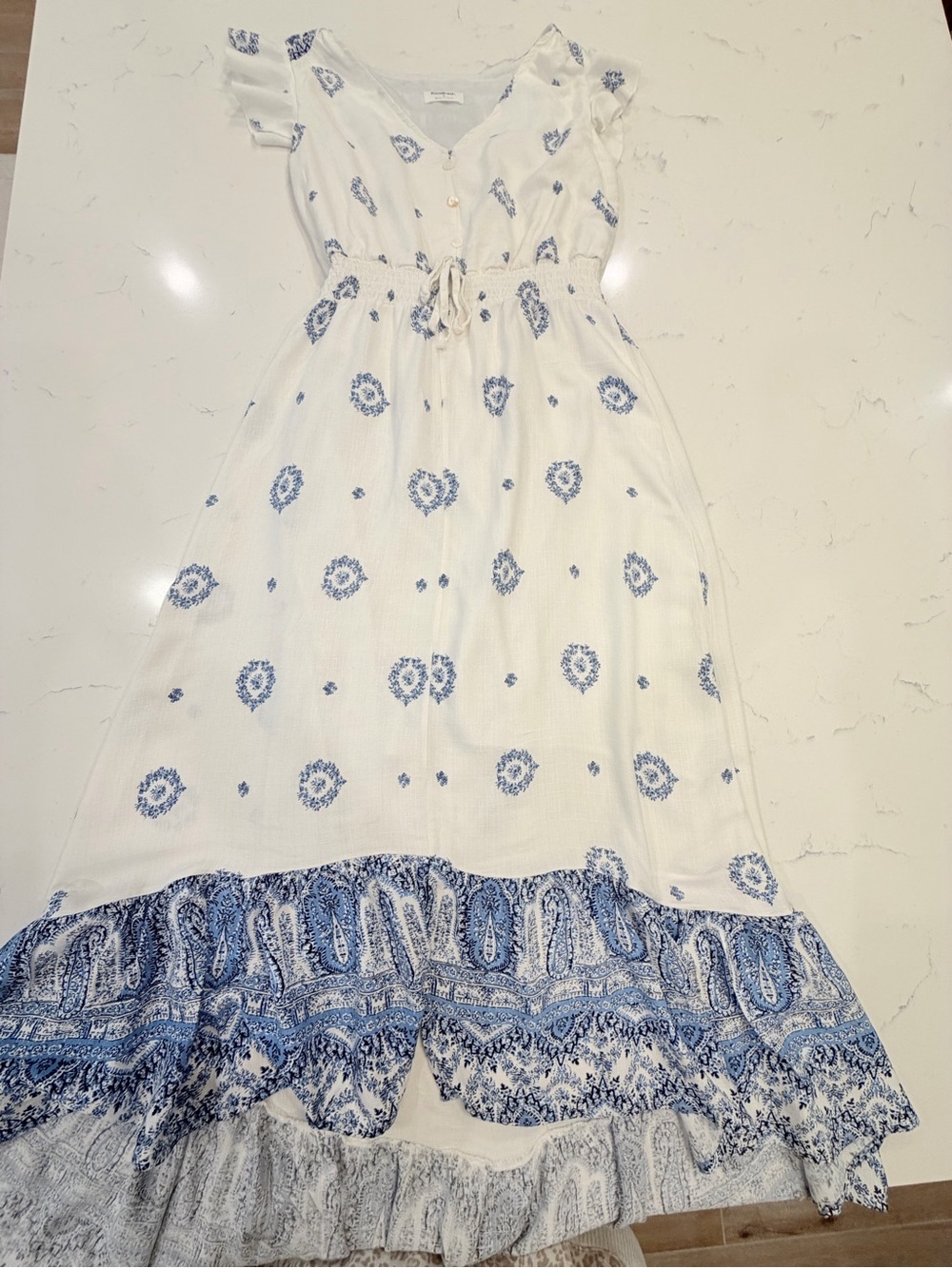 White & Blue Printed Midi Dress with Tie Waist - Picture 2 of 11